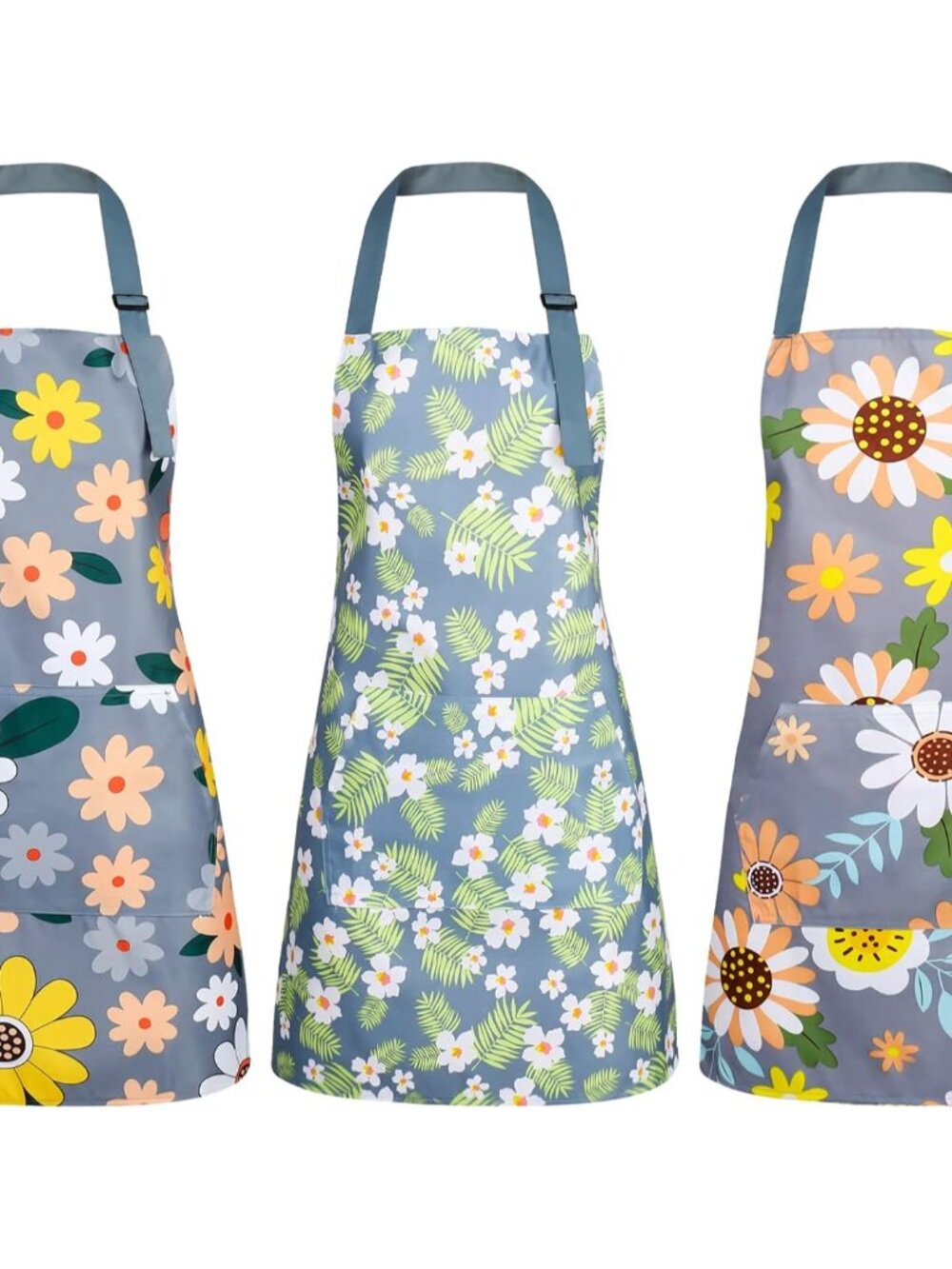3 Pack with Pocket, Blooming Womens Aprons Waterproof Adjustable Cooking Apron f